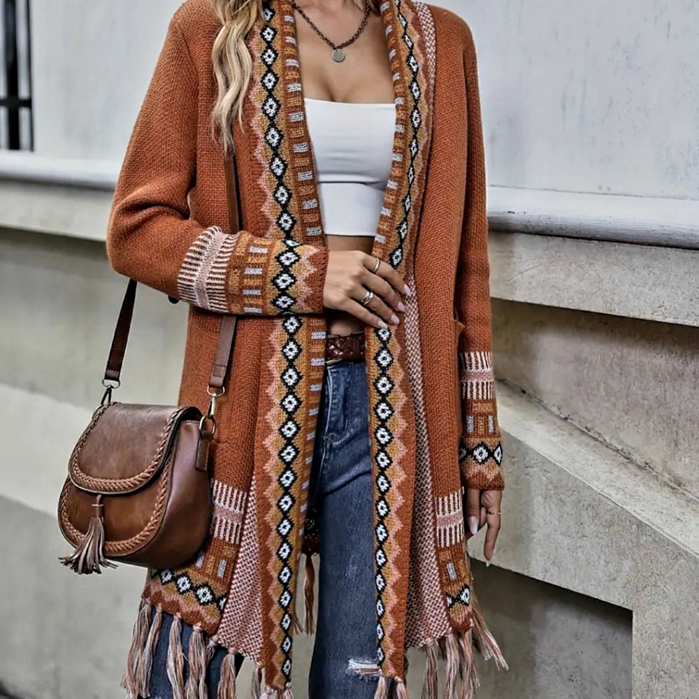 Vibrantly colored gio pattern tassel hem cardigan